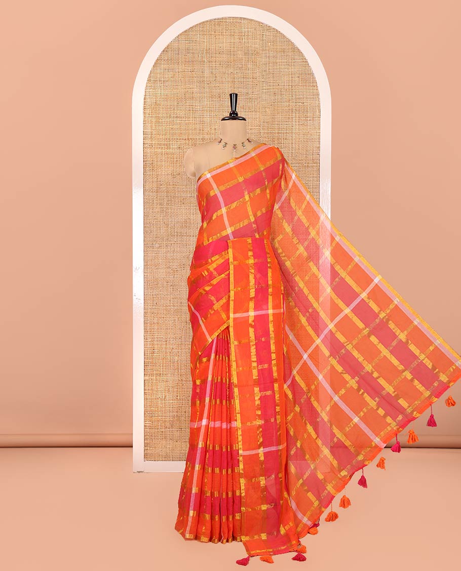 Borderless Orange Khadi Mul Cotton Saree, Featuring Checked Block and Zari Checks, a Self-Pallu, and No Blouse