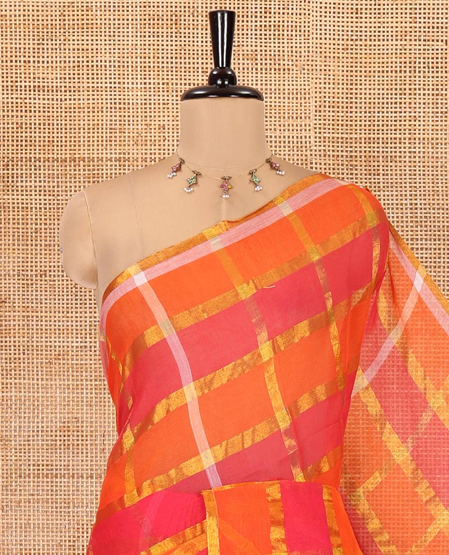 Borderless Orange Khadi Mul Cotton Saree, Featuring Checked Block and Zari Checks, a Self-Pallu, and No Blouse