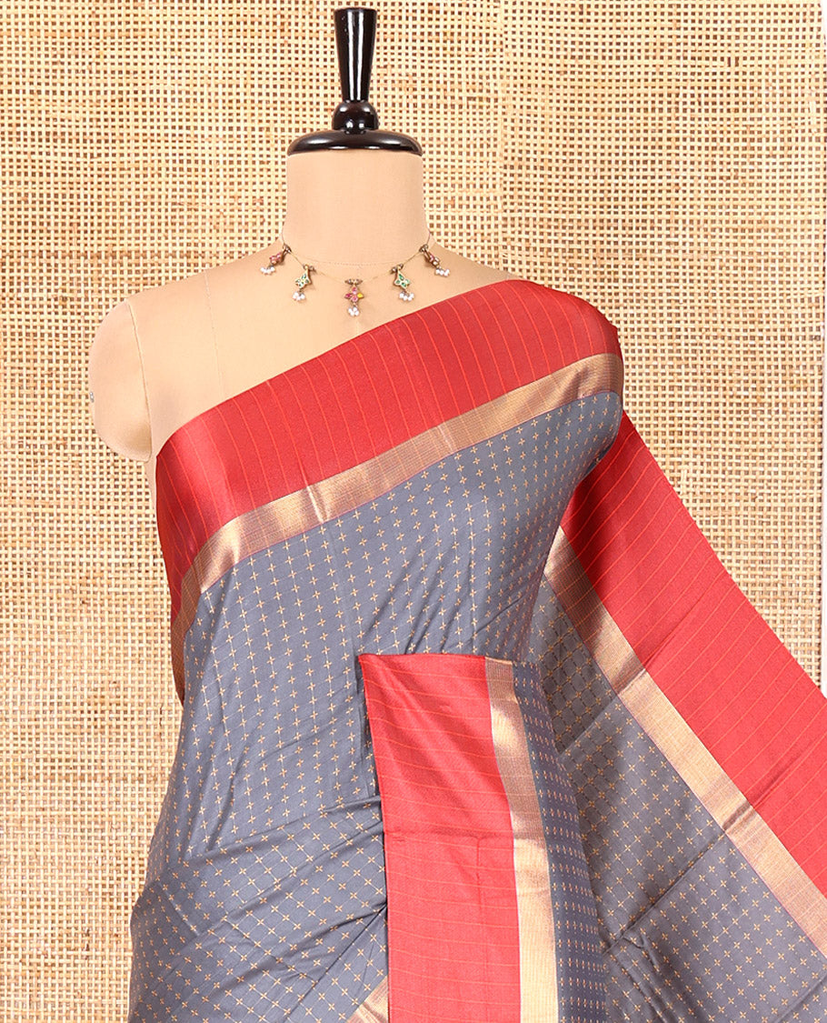 Grey Art Soft Silk Saree, Steeped with Plus-Size Buttas All Over Its Body, Complemented by a Contrast Border, Subtly Striped Pallu, and Paired with a Contrast Blouse