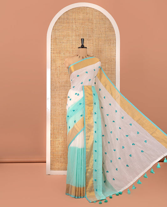 Cream and Rama Green Khadi Mul Cotton Saree, Adorned with Half-And-Half-Style and Heart Motifs Embroidery on Its Body, a Subtle Gold Zari Border, a Self-Pallu, and Has No Blouse