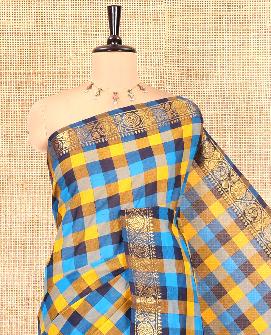 Blue-Yellow Chettinad Cotton Saree, Elevated with Madras Checks, a Zari Floral Creeper Border, and No Blouse