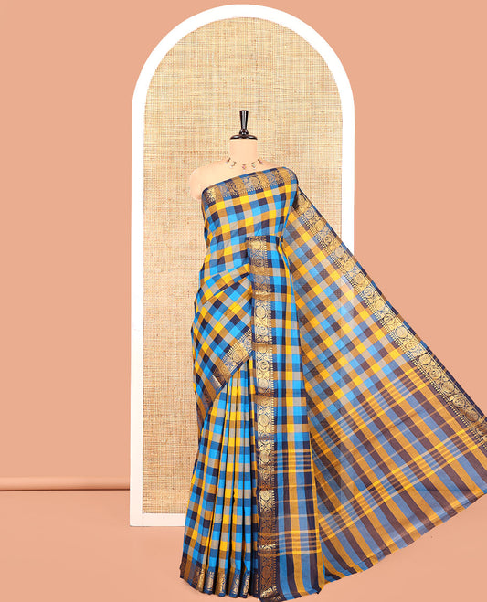 Blue-Yellow Chettinad Cotton Saree, Elevated with Madras Checks, a Zari Floral Creeper Border, and No Blouse