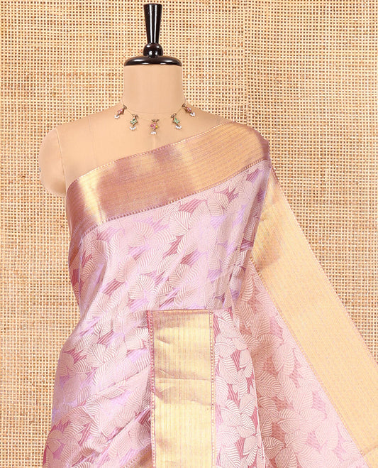 Lavender Tissue Saree, Gleamed Up with Leaf Jacquard Design, Zari Traditional Border, a Self-Pallu, and a Matching Blouse