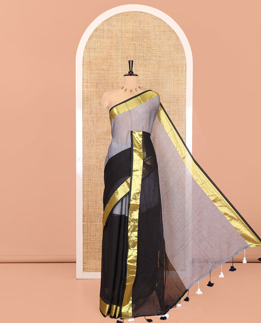 Off-White-Black Plain Khadi Mul Cotton Saree, a Bavanji Border, a Self-Pallu, and a No Blouse