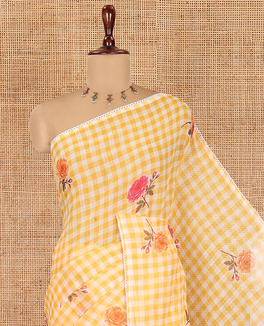 Yellow Linen Cotton Saree, Adorned with Checks and a Floral Print, Lace Border, a Self-Pallu, and a Contrast Blouse