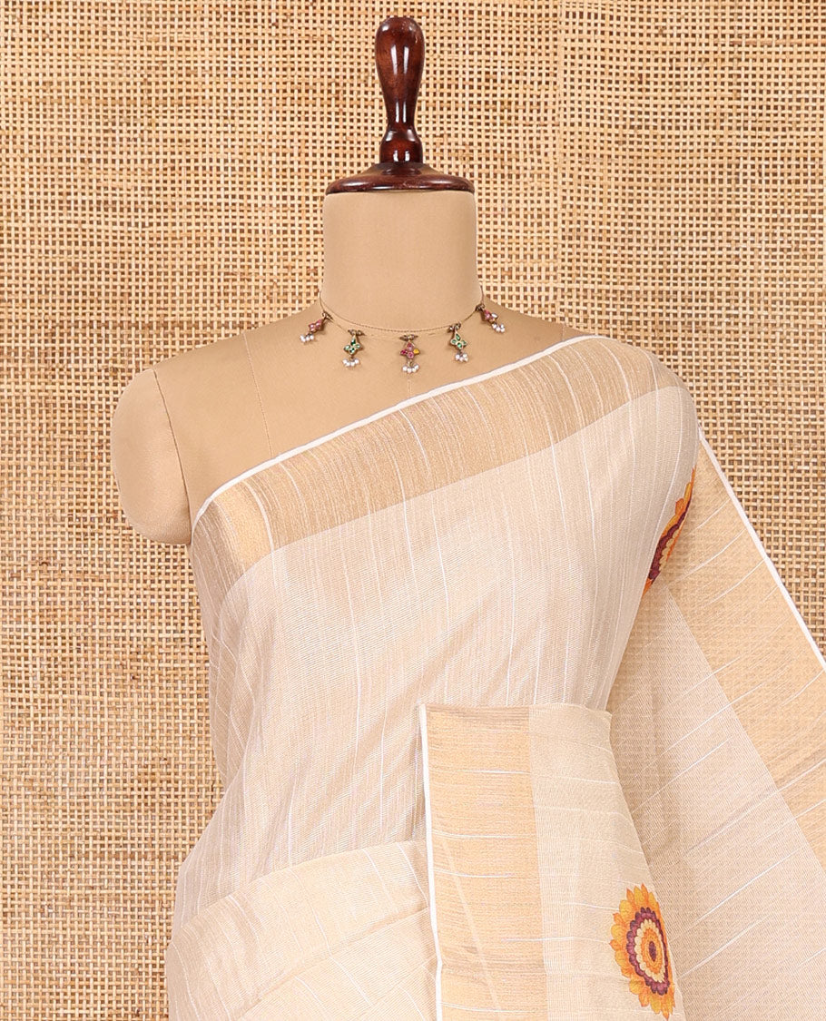 Cream Kerala Cotton Saree, Ornamented with Poo Kolam Print, a Zari Border, Poo Kolam-Printed Pallu, and a Matching Blouse