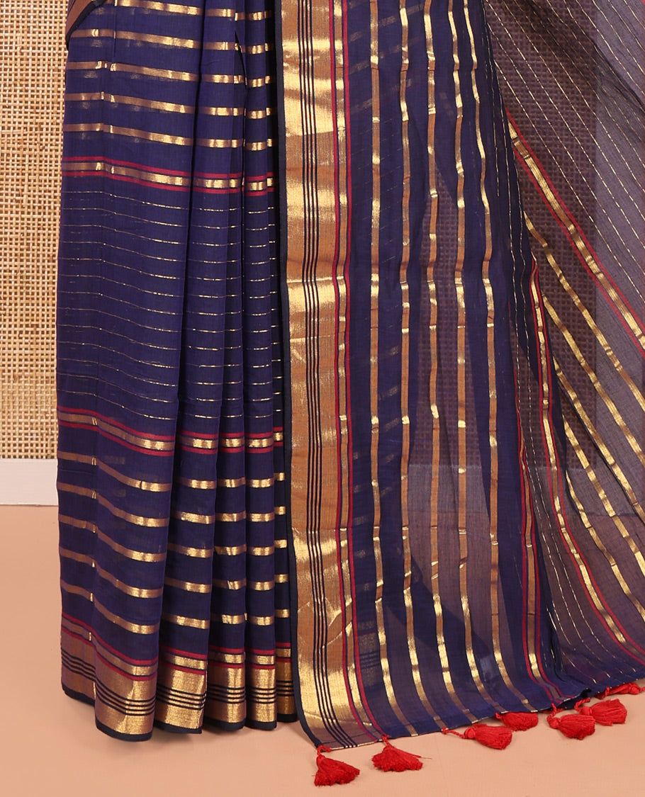 Navy Blue Khadi Mul Cotton Saree, Accentuated with Horizontal Gold Zari Stripes, a Zari Border, Self-Pallu, and No Blouse