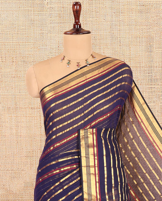 Navy Blue Khadi Mul Cotton Saree, Accentuated with Horizontal Gold Zari Stripes, a Zari Border, Self-Pallu, and No Blouse