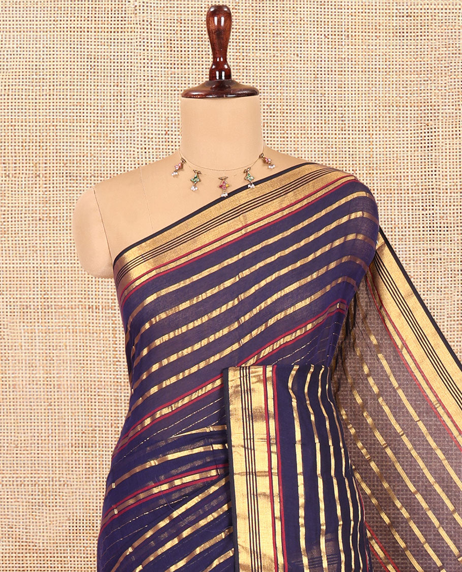 Navy Blue Khadi Mul Cotton Saree, Accentuated with Horizontal Gold Zari Stripes, a Zari Border, Self-Pallu, and No Blouse