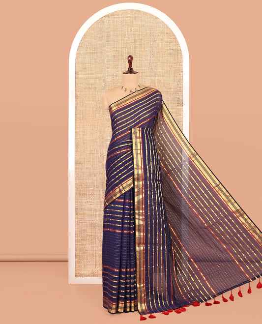 Navy Blue Khadi Mul Cotton Saree, Accentuated with Horizontal Gold Zari Stripes, a Zari Border, Self-Pallu, and No Blouse