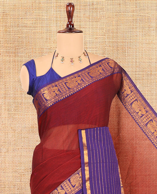 Maroon Plain Mercerised Cotton Saree, Contrast Traditional Zari Peacock Border, Striped Pallu, and a Matching Blouse