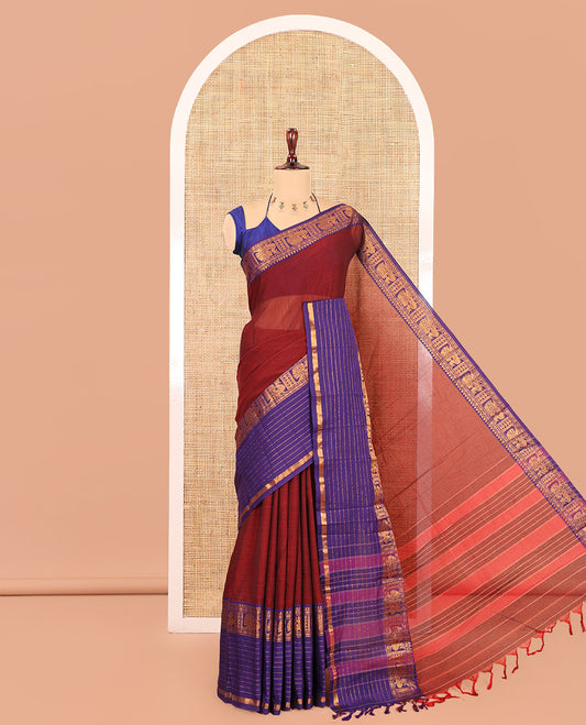 Maroon Plain Mercerised Cotton Saree, Contrast Traditional Zari Peacock Border, Striped Pallu, and a Matching Blouse