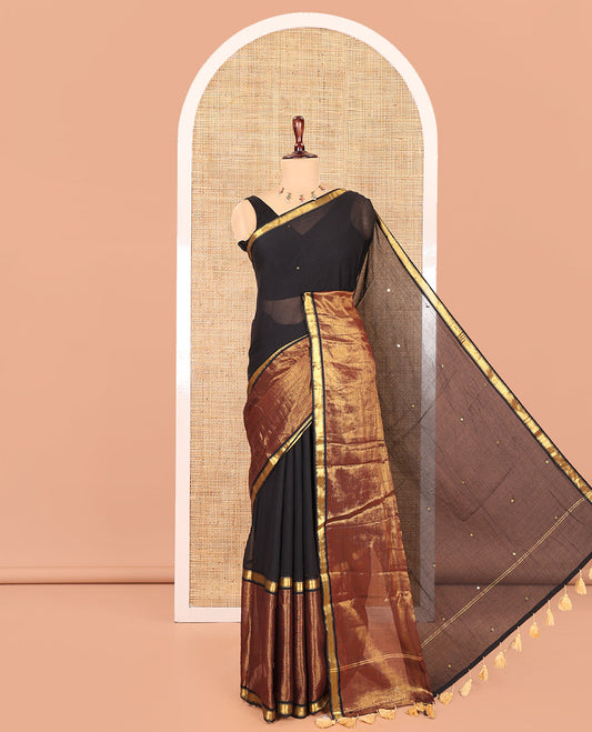 Black Khadi Mul Cotton Saree, Bedecked with Sequined Work, Complemented by a Gold Tissue Border, a Self-Pallu, and No Blouse