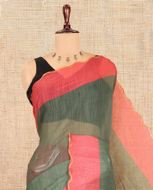Green Plain Linen Cotton Saree, Contrast Plain Scallop Border, a Self-Pallu, and Contrast Kalamkari Printed Blouse