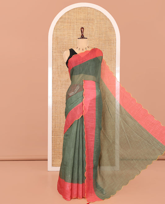 Green Plain Linen Cotton Saree, Contrast Plain Scallop Border, a Self-Pallu, and Contrast Kalamkari Printed Blouse