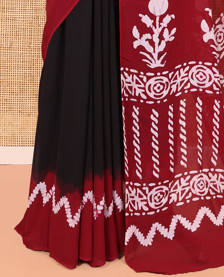 Black-Maroon Plain 60Gm Georgette Saree, Contrast Zig-Zag Batik Printed Border, Batik Printed Pallu, and a Matching Blouse