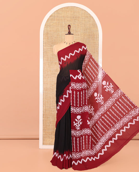Black-Maroon Plain 60Gm Georgette Saree, Contrast Zig-Zag Batik Printed Border, Batik Printed Pallu, and a Matching Blouse