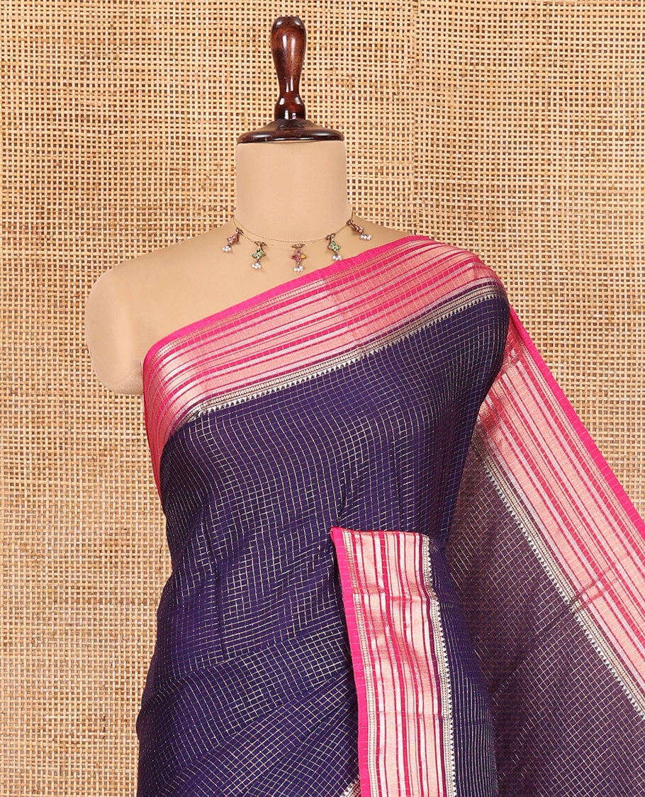 Navy Blue Zari Checked Art Crepe Saree, Contrast Horizontal Striped Border, Zari Striped Pallu, and a Contrast Blouse