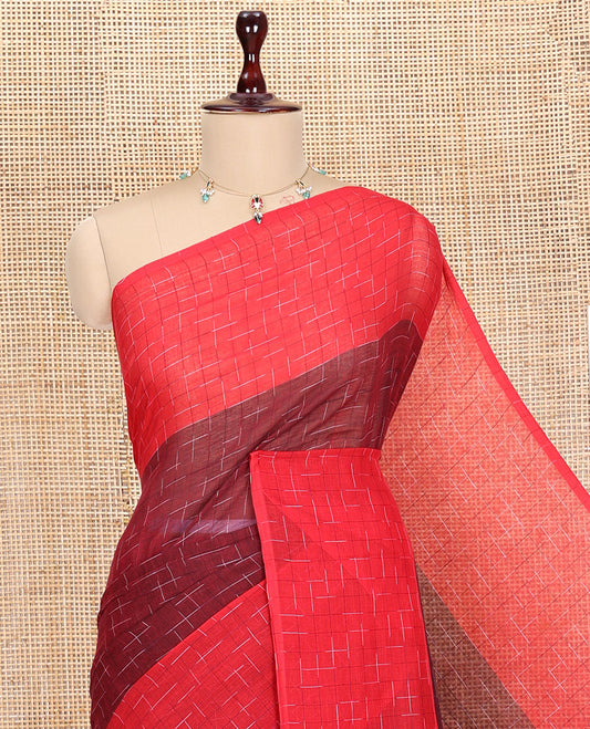 Maroon-Red Khadi Mul Cotton Saree, Subtly Sparkled with Geometric Print, Complemented by a Contrast Border, and No Blouse