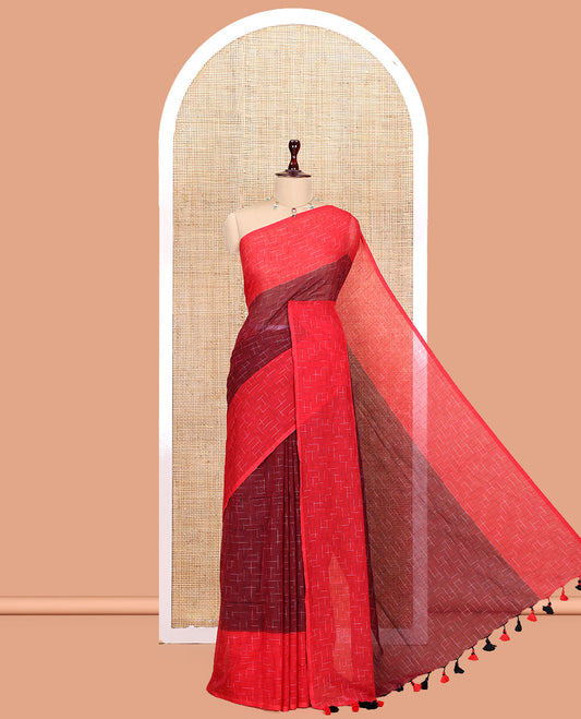 Maroon-Red Khadi Mul Cotton Saree, Subtly Sparkled with Geometric Print, Complemented by a Contrast Border, and No Blouse