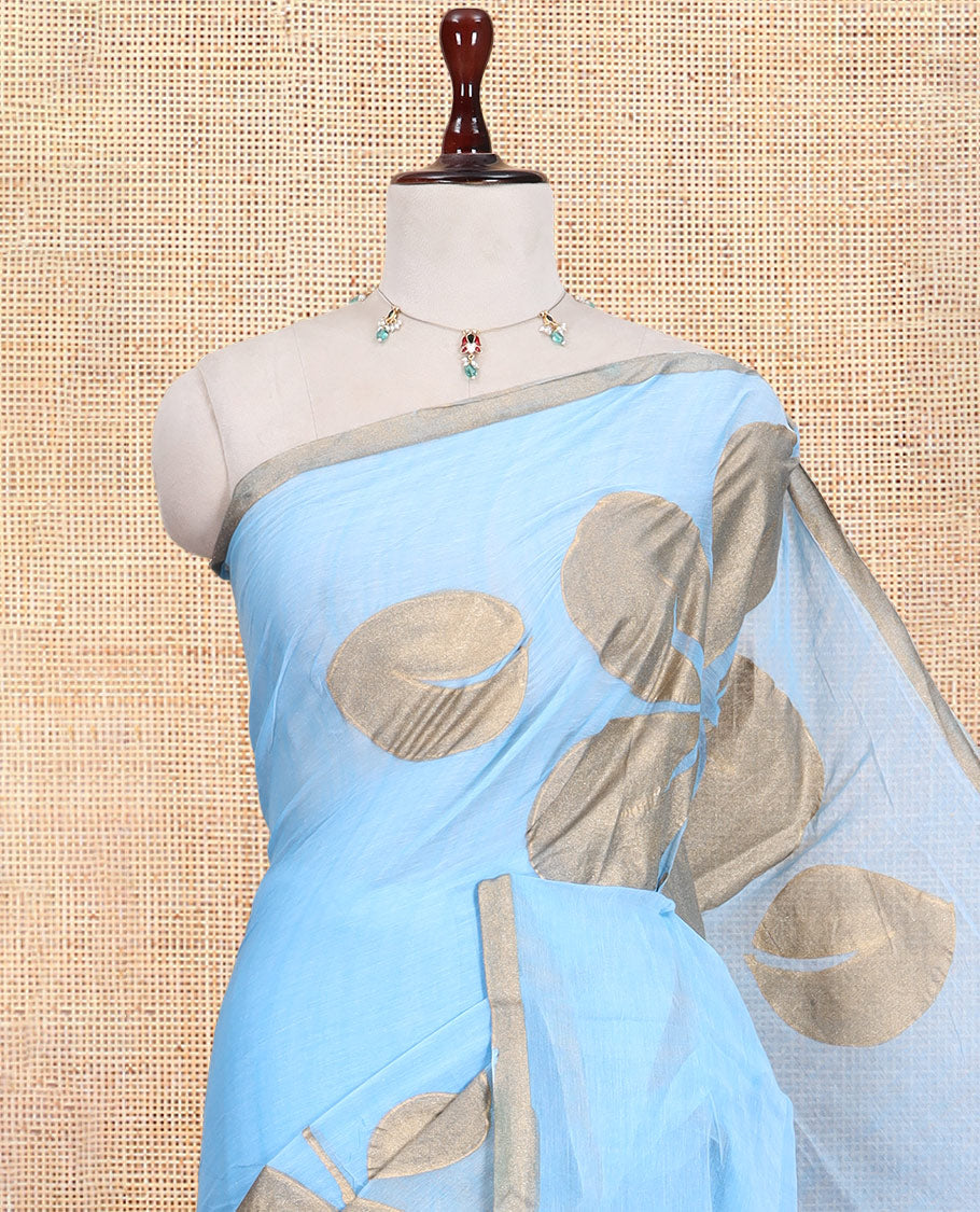 Blue Khadi Mul Cotton Saree Features Floral Motifs Glitter-Print, a Piping Border, and a Matching Blouse