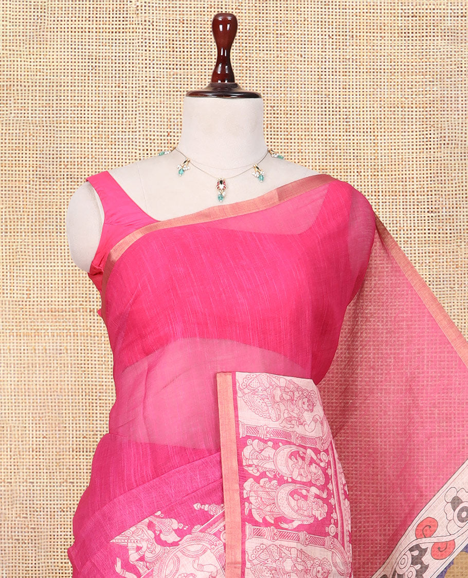Pink Linen Cotton Saree Features Kalamkari-Style Human Motifs Print, a Piping Border, Contrast Printed Pallu, and Contrast Blouse