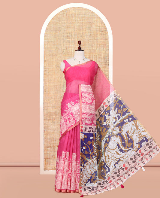 Pink Linen Cotton Saree Features Kalamkari-Style Human Motifs Print, a Piping Border, Contrast Printed Pallu, and Contrast Blouse
