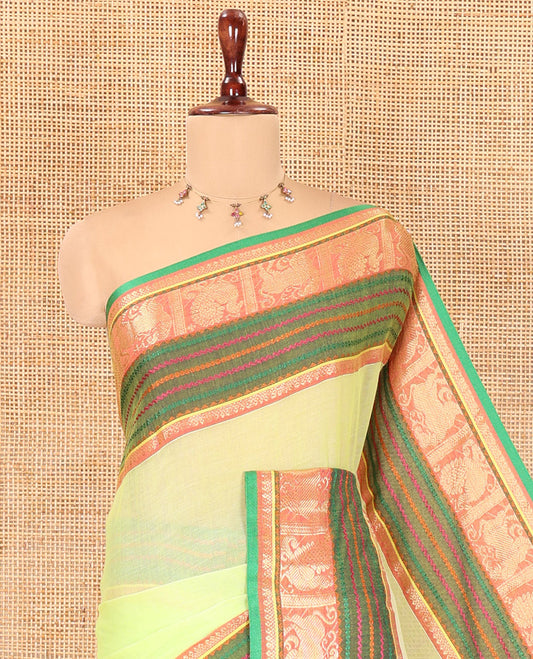 Green Plain Khadi Mul Cotton Saree, Complemented by Contrast Yaali-Peacock Traditional Border, Self-Pallu, and No Blouse