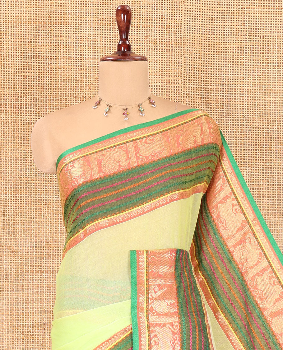 Green Plain Khadi Mul Cotton Saree, Complemented by Contrast Yaali-Peacock Traditional Border, Self-Pallu, and No Blouse