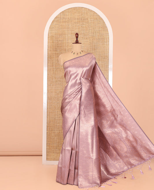 Lavender Elite Soft Silk Saree Features Jacquard Design, a Zari Border, Paisley Pallu, Matching Blouse