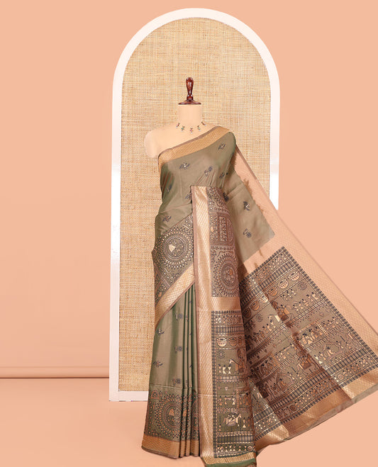 Mehenti Satin Silk Saree, Adorned with Warli Motif Print, Highlighted by Warli Printed Zari Border, Warli-Village Palllu, and a Matching Blouse