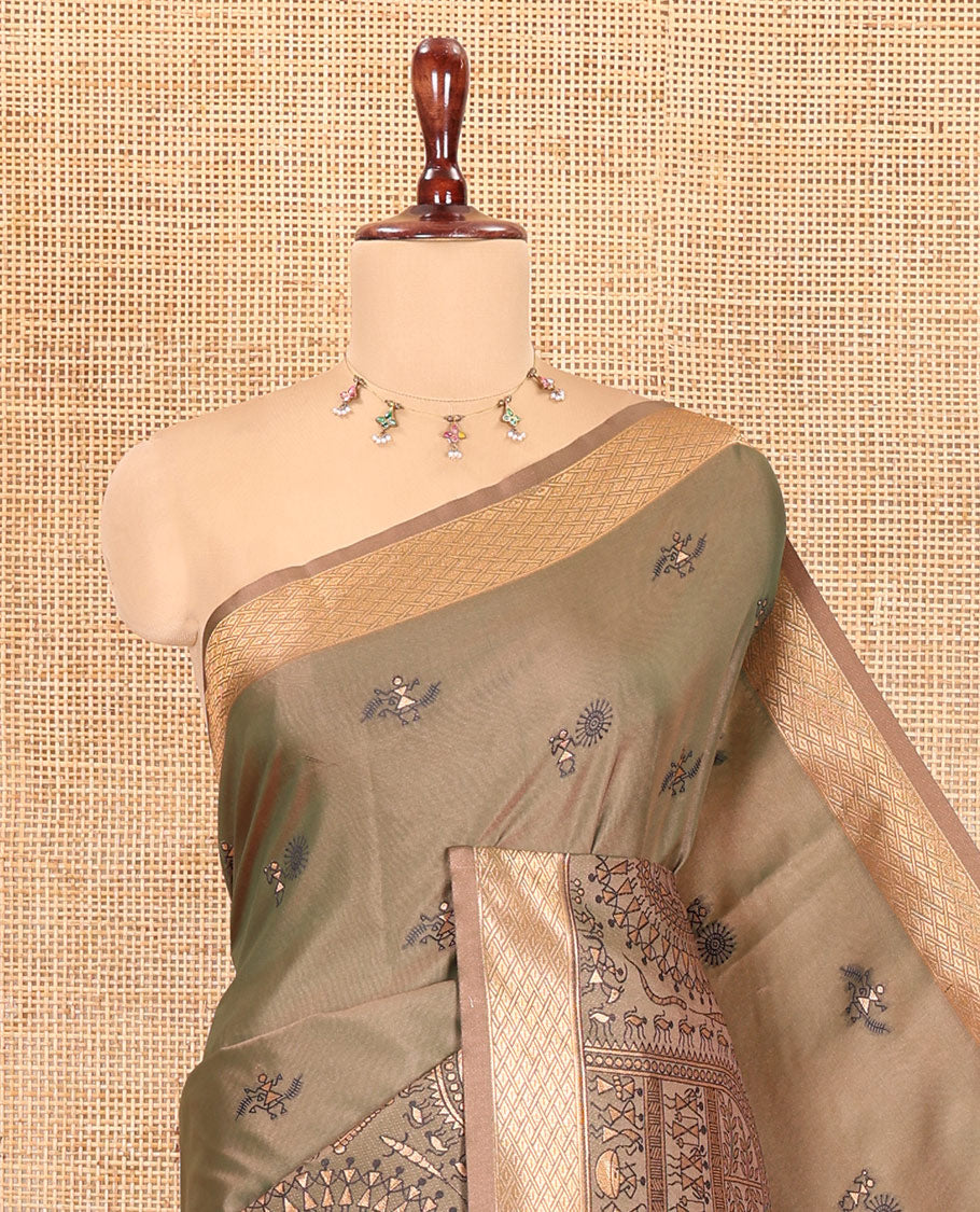 Mehenti Satin Silk Saree, Adorned with Warli Motif Print, Highlighted by Warli Printed Zari Border, Warli-Village Palllu, and a Matching Blouse