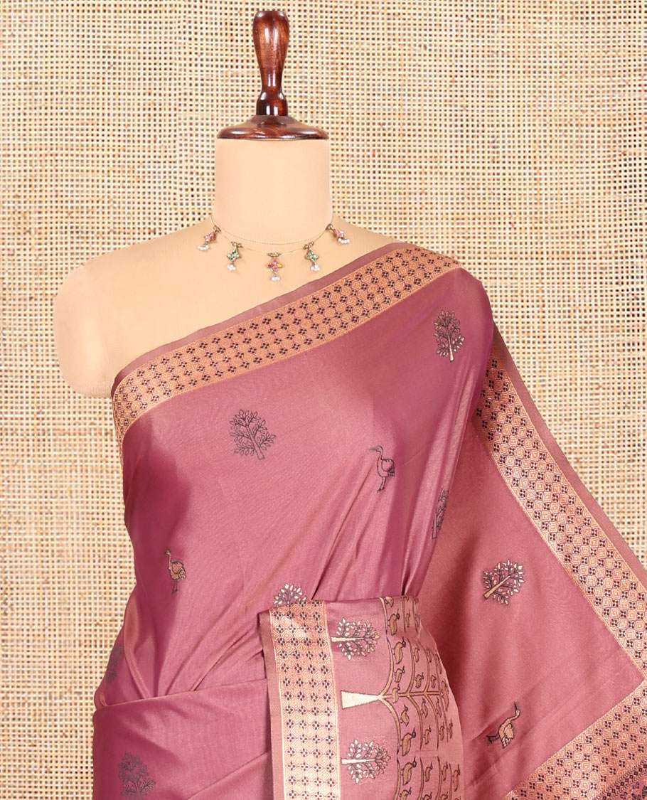 Wine Satin Silk Saree, Adorned with Flora-Fauna Buttas, Tree-Bird Border, Intricate Pallu, Matching Blouse