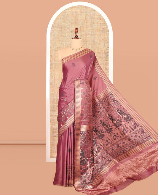 Wine Satin Silk Saree, Adorned with Flora-Fauna Buttas, Tree-Bird Border, Intricate Pallu, Matching Blouse