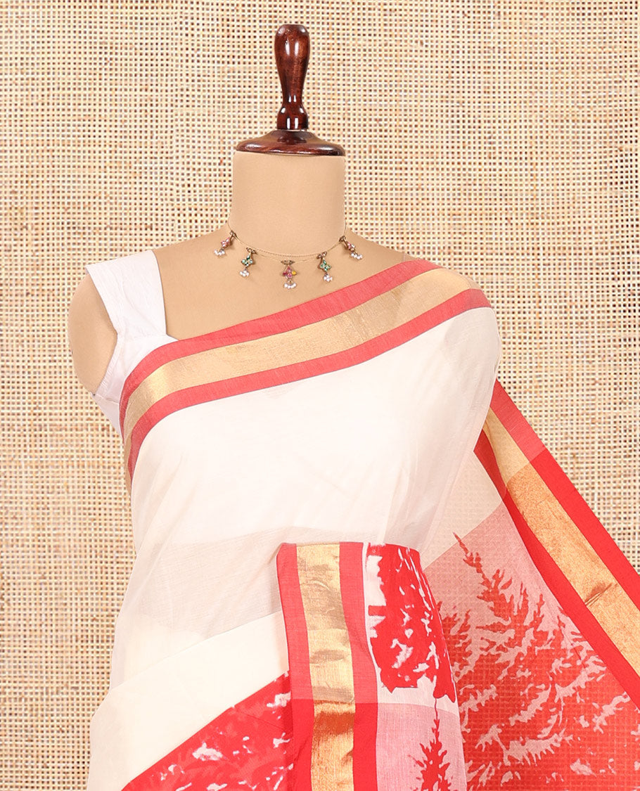 Cream-Red Kerala Cotton Saree Features Tree Print, Contrast Border, and a Contrast Blouse