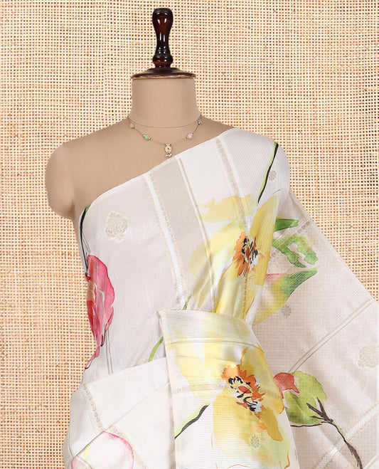 Borderless Cream Semi-Tussar Saree Features Zari Design and Floral Print, a Self-Pallu, Matching Blouse