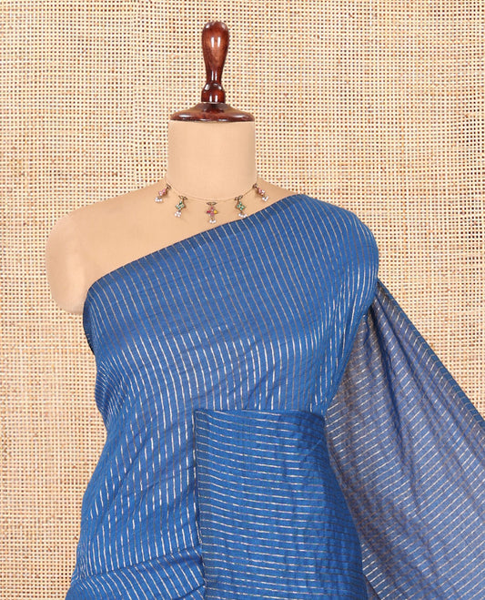 Borderless Blue Zari Striped Khadi Cotton Saree, Contrast Pallu, and No Blouse
