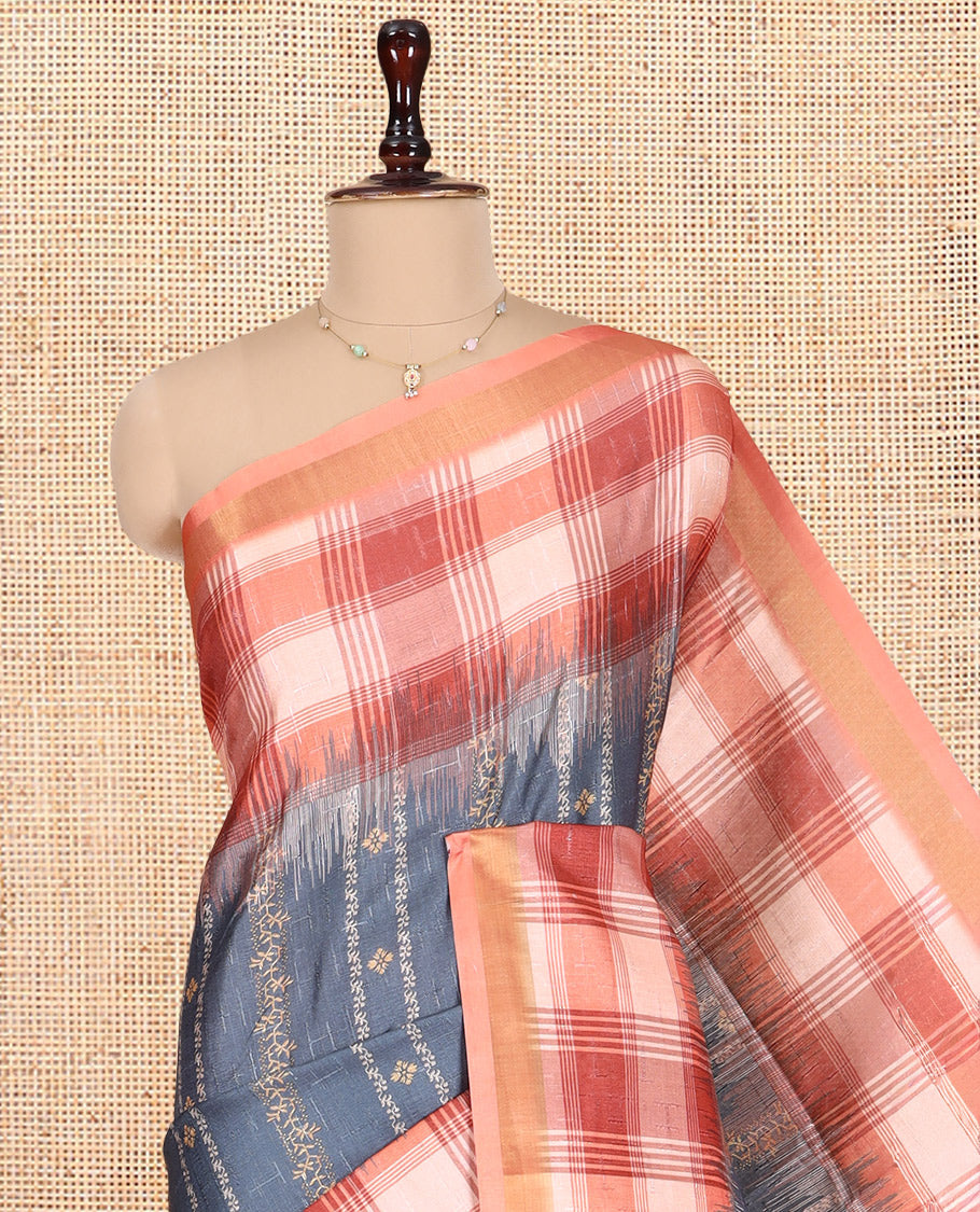 Grey Floral Design Manipuri Silk Saree, Contrast Checked Border, Mughal-Style Pallu, Contrast Blouse