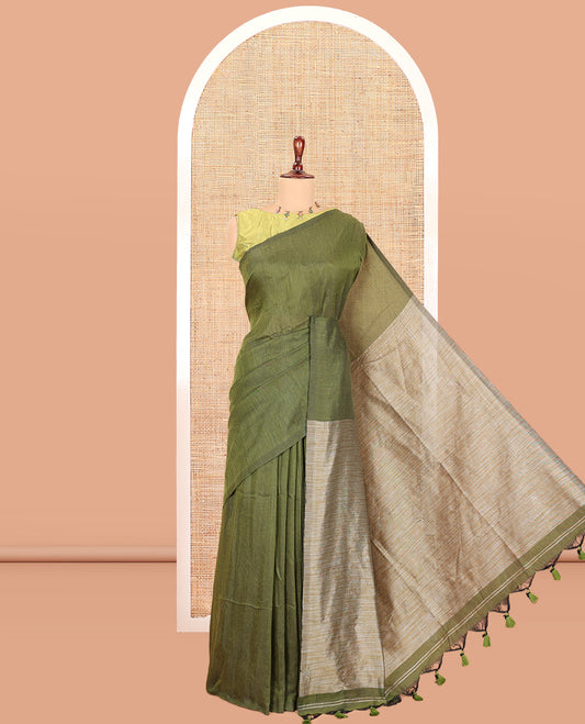 Borderless Olive Green Plain Khadi Cotton Saree, Jute Pallu, and No Blouse