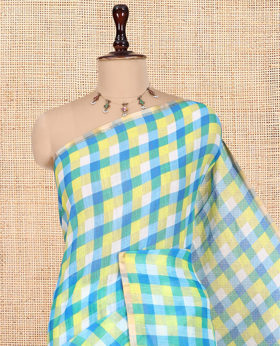 Borderless Lemon Yellow-Blue Checked Linen Cotton Saree, and Contrast Blouse