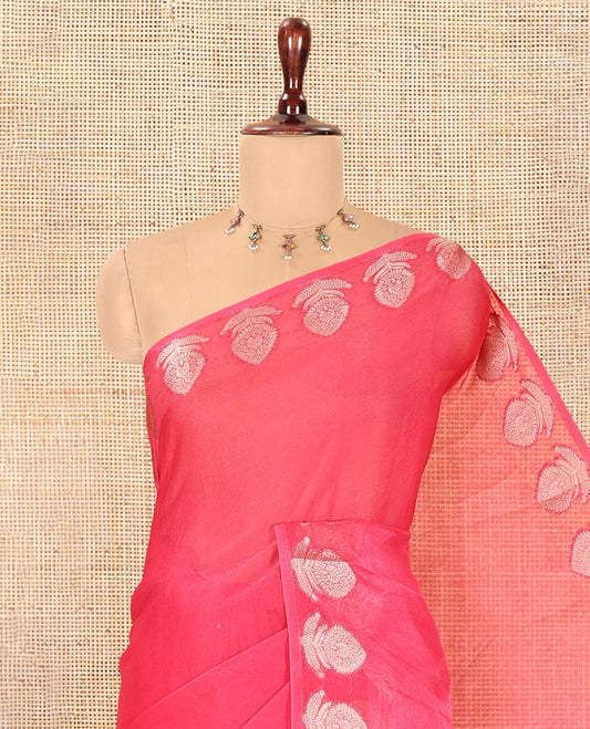 Pink Plain Moss Chiffon Saree, Highlighted by Gold Zari Floral Border, and a Self-Pallu