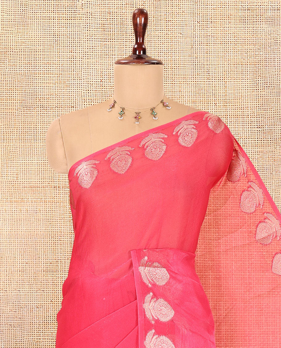 Pink Plain Moss Chiffon Saree, Highlighted by Gold Zari Floral Border, and a Self-Pallu