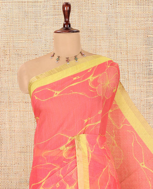 Pink Abstract Floral Printed Linen Cotton Saree, a Contrast Plain Border, and a Contrast Blouse
