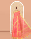 Pink Abstract Floral Printed Linen Cotton Saree, a Contrast Plain Border, and a Contrast Blouse