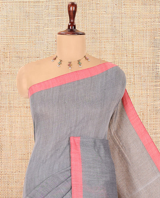 Grey Plain Khadi Cotton Saree, a Contrast Border, a Self-Pallu, and No Blouse