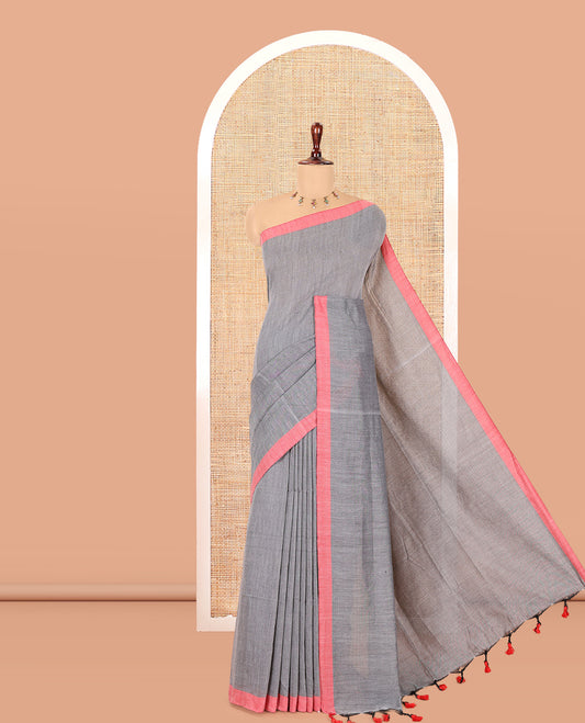 Grey Plain Khadi Cotton Saree, a Contrast Border, a Self-Pallu, and No Blouse