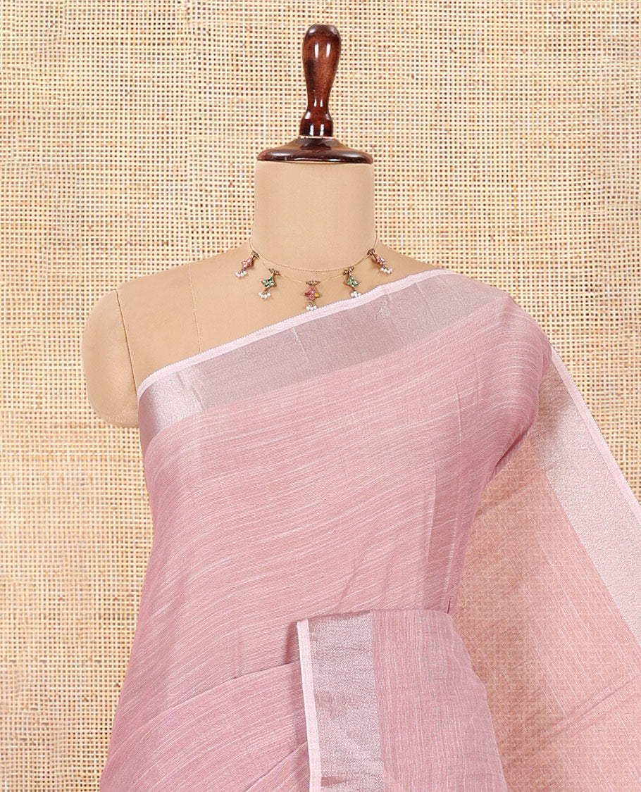 Dusky Pink Plain Linen-Cotton Saree, a Zari Border, Striped Pallu, and a Matching Blouse
