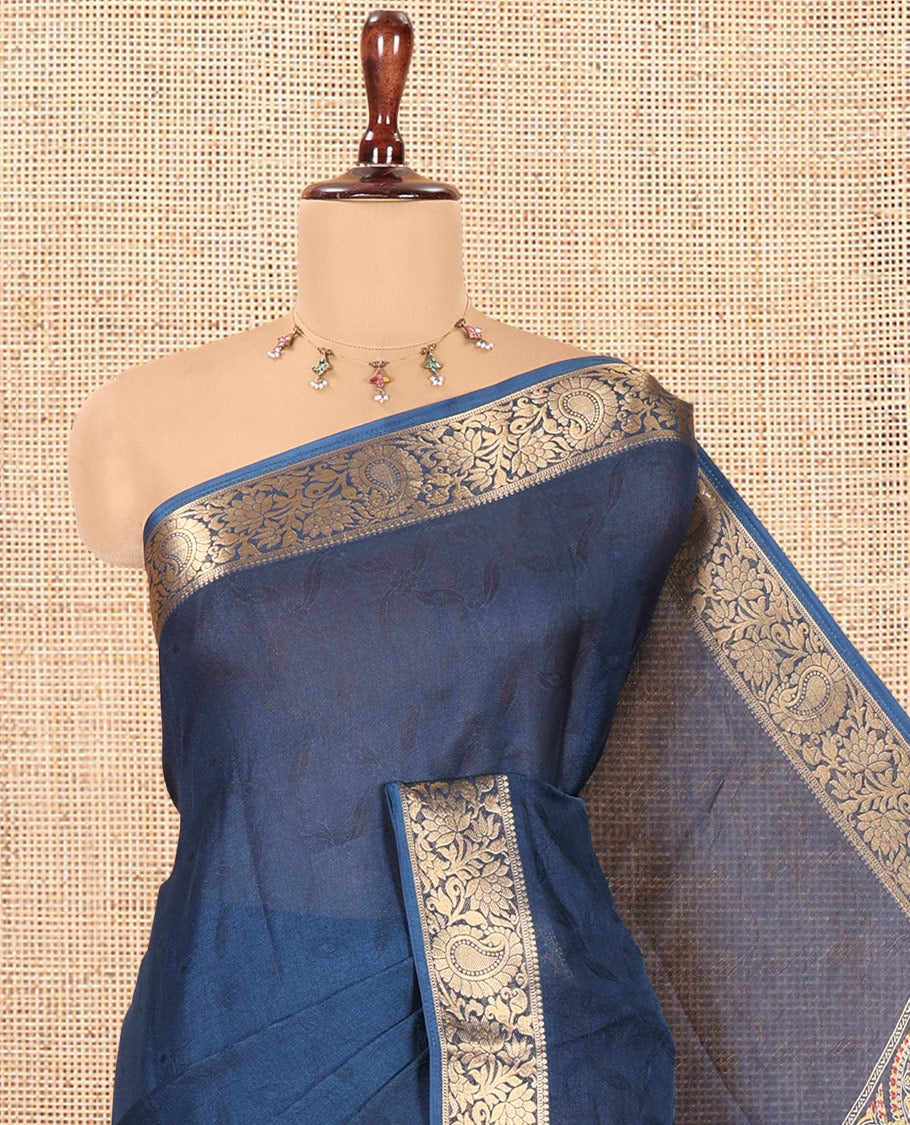 Blue Embossed Moss Chiffon Saree, a Zari Floral-Paisley Vine Border, Contrast Mughal-Style Pallu, and a Matching Blouse