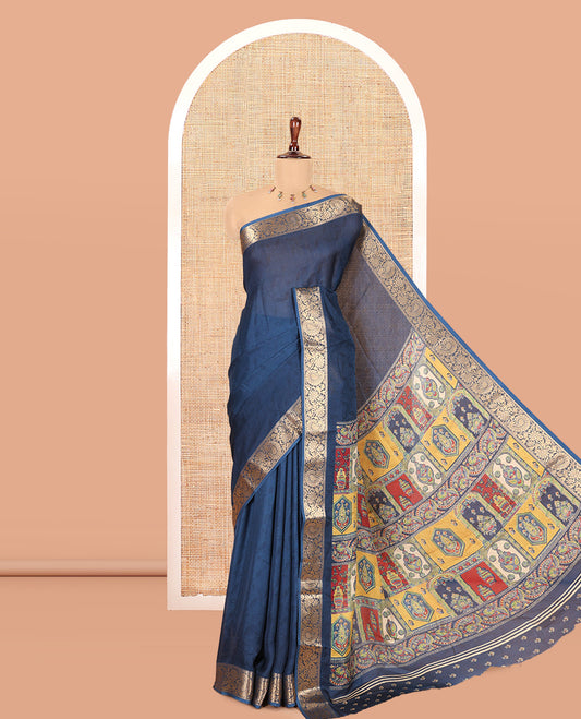 Blue Embossed Moss Chiffon Saree, a Zari Floral-Paisley Vine Border, Contrast Mughal-Style Pallu, and a Matching Blouse