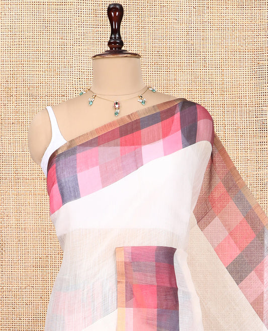 Cream-Dusky Pink Plain Handloom Cotton Saree, a Contrast Checked Border, Checked Pallu, and a Contrast Blouse